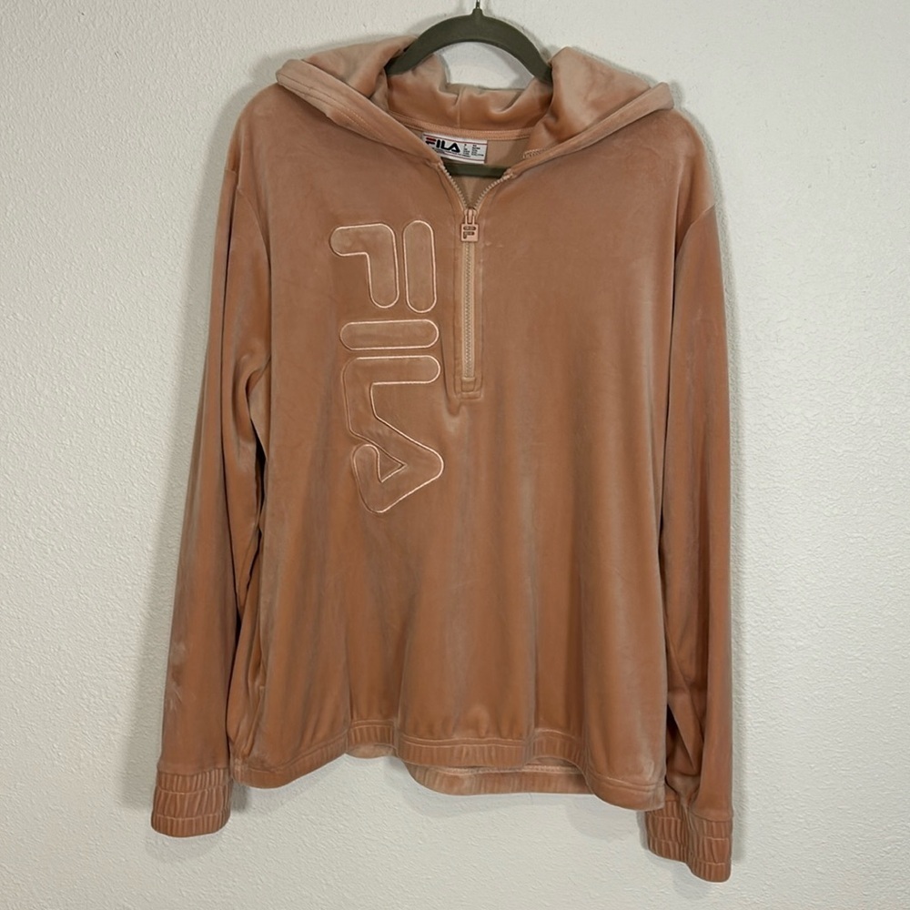 FILA Soft Blush Pink Embroidered Lettering Quarter Zip Velour Sweatshirt Hoodie